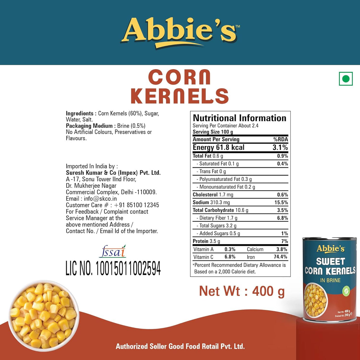 Abbies Sweet Corn Kernels In Brine 240g