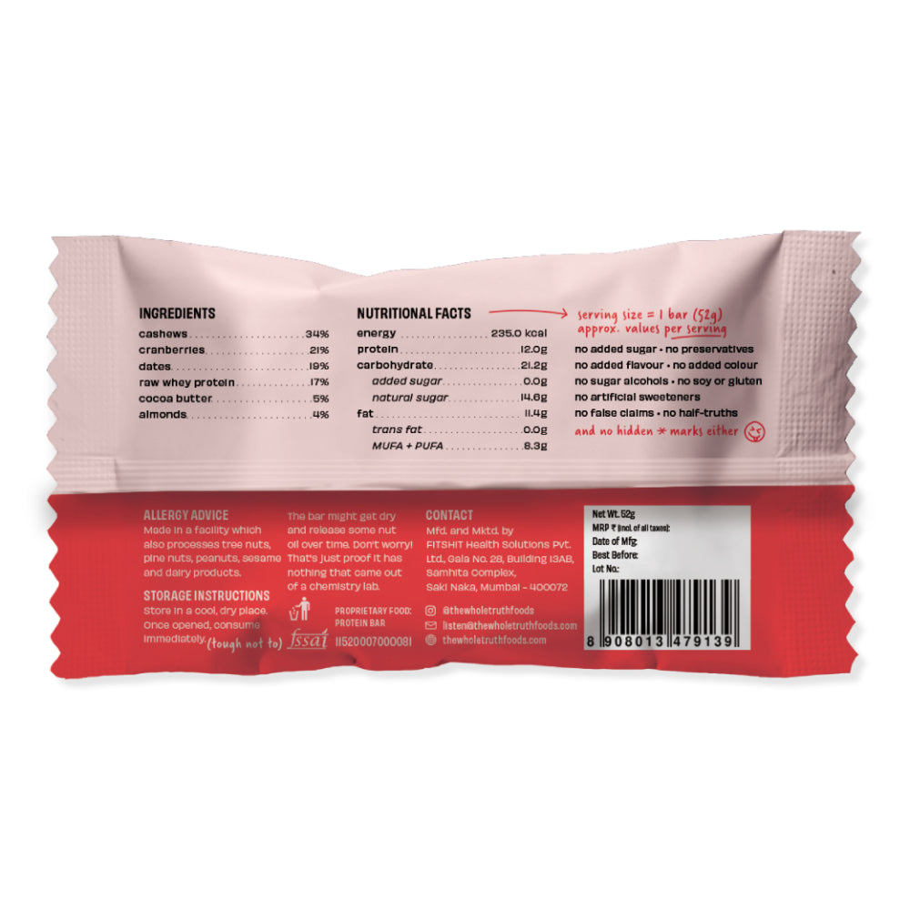 The Whole Truth Cranberry 12G Protein Bar 52G