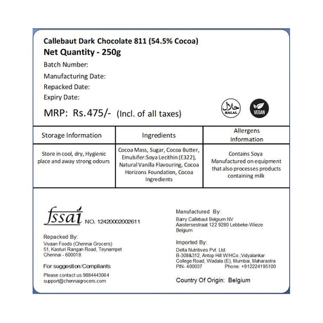 Callebaut Dark Chocolate 811 (54.5%) 250g